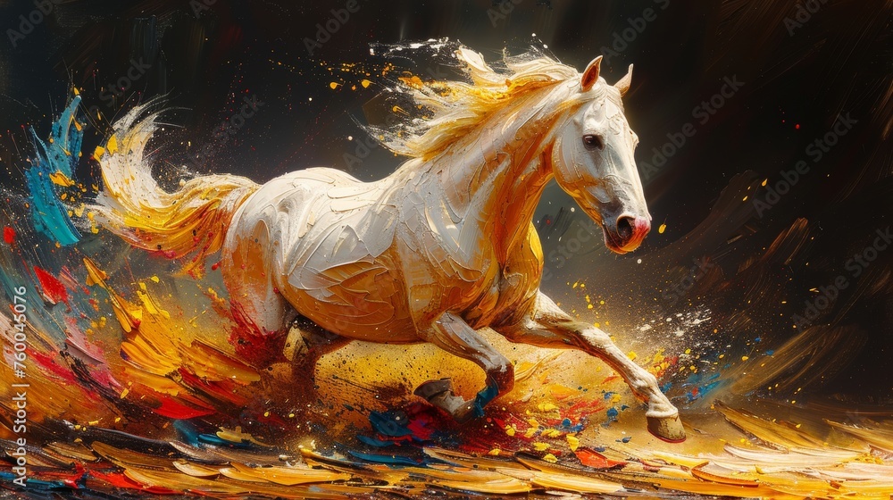 Abstract oil painting, gold, horse, wall art, modern artwork, paint spots, strokes, knife painting. Large stroke oil painting, mural, art wall. - obrazy, fototapety, plakaty 