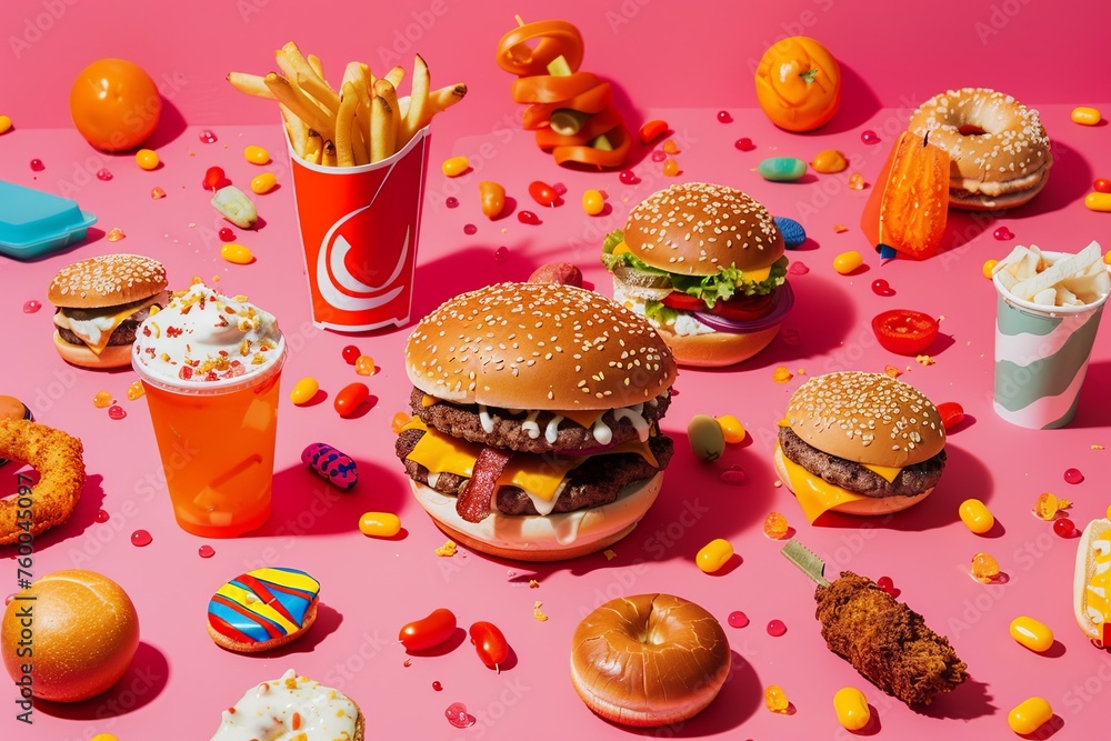 A pop art-inspired arrangement of fast food on a pink background, full of color and playful charm. A pop art-inspired arrangement of fast food on a pink background, full of color and playful charm.