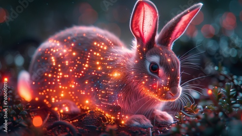 Easter neon bunny with hare ears patterned with computer boards. Technological greeting card.