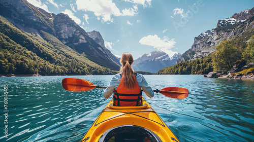 woman on the canoe boat, view from back, lake, water, woman, boat, nature, mountain, river, mountains, landscape, summer, sky, fishing, view, sea, boy, beauty, vacation, tree, travel, scenic, bay, out
