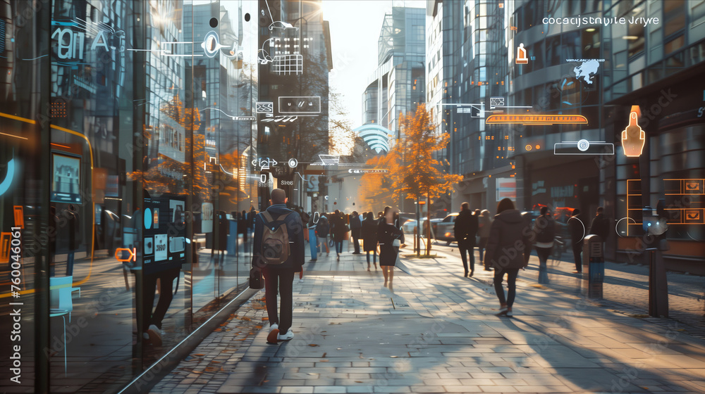 Selective focus of ar glasses view, city street with program command buttons and text floating in the air.