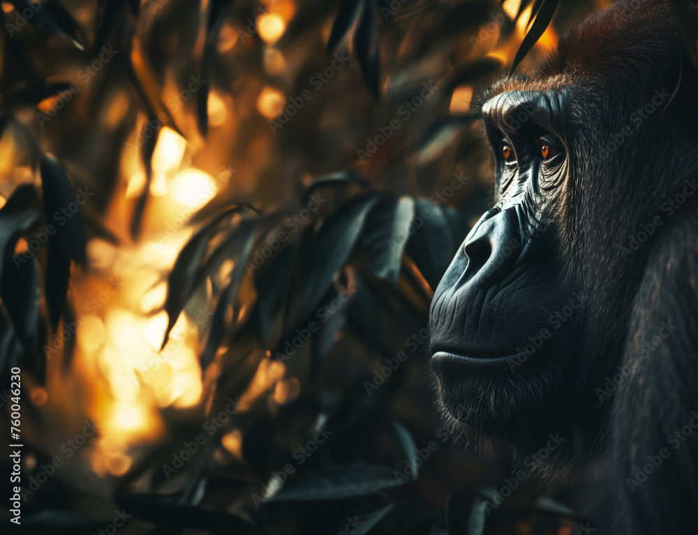 portrait of a great ape over a dark jungle background with copy space