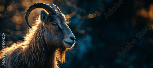 portrait of a goat over a dark background with copy space photo
