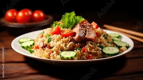 Fried Rice with Pork decorate with carved Cucumber ,spring onions and Tomato slice. Thai Food Easy Meal GoodTasty popular street food Asian Fusion style sideview.