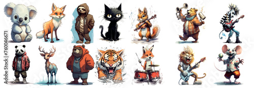 Collection of Adorable and Artistic Animal Characters Engaging in Various Activities, Including Playing Musical