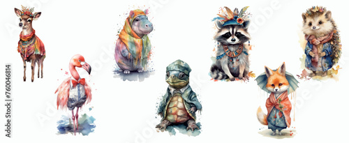 Whimsical Watercolor Collection of Forest and Tropical Animals Adorned in Colorful Scarves