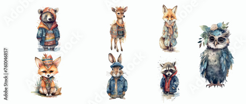 Whimsical Watercolor Collection of Forest Animals in Stylish Outfits, Featuring a Bear, Deer, Foxes, Owl, Rabbit