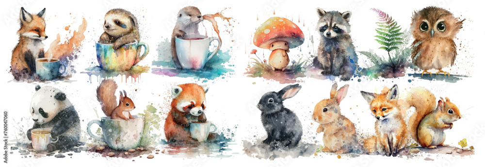 Naklejka premium Watercolor Illustration Set of Cute Animals with Cups and Nature Elements, Perfect for Children’s Book Art