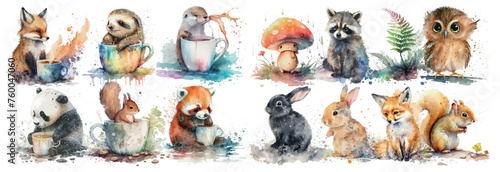 Watercolor Illustration Set of Cute Animals with Cups and Nature Elements, Perfect for Children’s Book Art