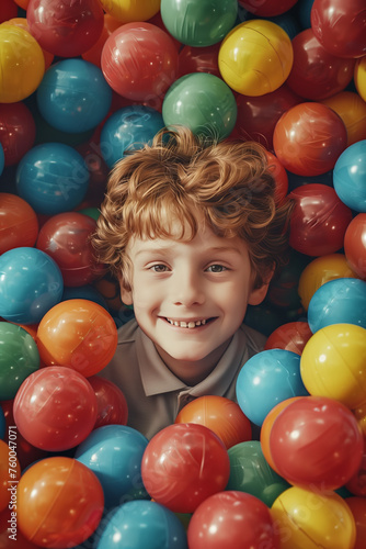 Caucasian boy in a pile of colorful plastic balls.