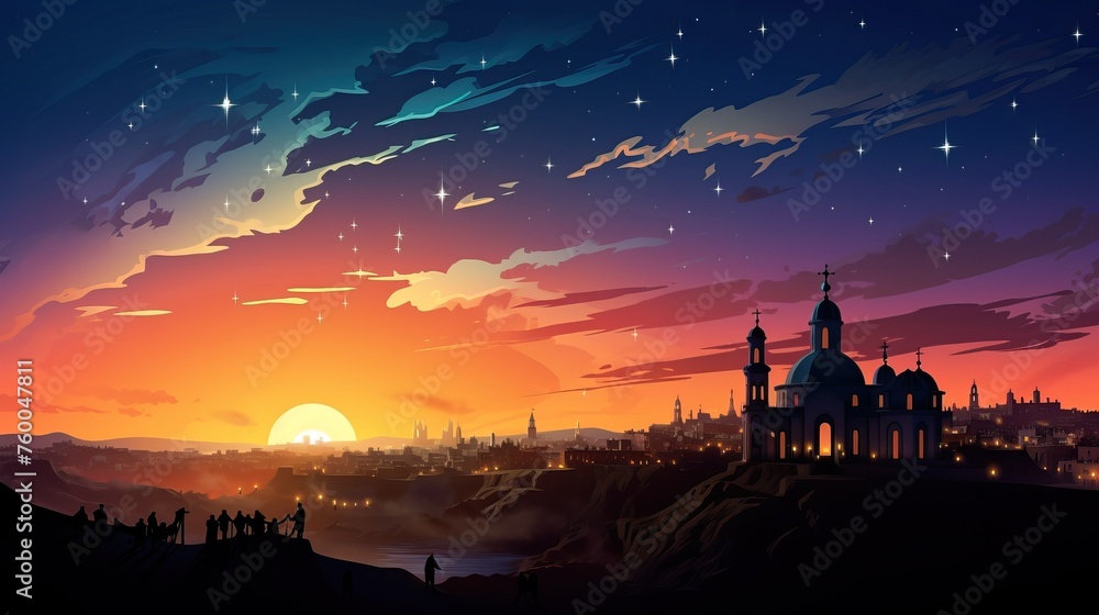 Nativity Of Jesus - Scene With The Holy church With Comet At Sunset.
Nativity Of Jesus - Scene With The Holy church With Comet At Sunset.