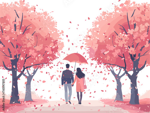  A couple strolls hand-in-hand beneath a canopy of blossoming cherry trees petals raining down like soft confetti. 