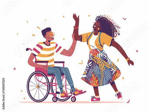  A couple one in a wheelchair and the other using sign language enjoys a dance at a Pride event showcasing the inclusion of diverse abilities. 