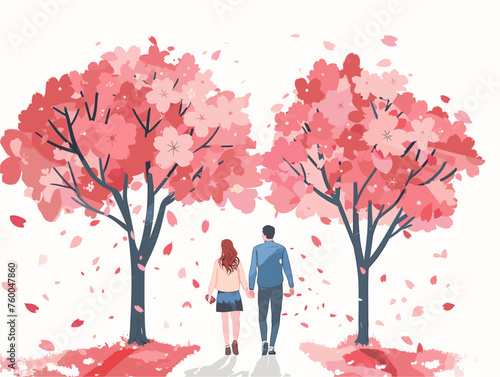  A couple strolls hand-in-hand beneath a canopy of blossoming cherry trees petals raining down like soft confetti. 