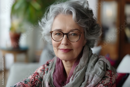 Smiling older mature woman with grey hair wearing glasses, looking at the camera at home sitting on a sofa, portrait shot