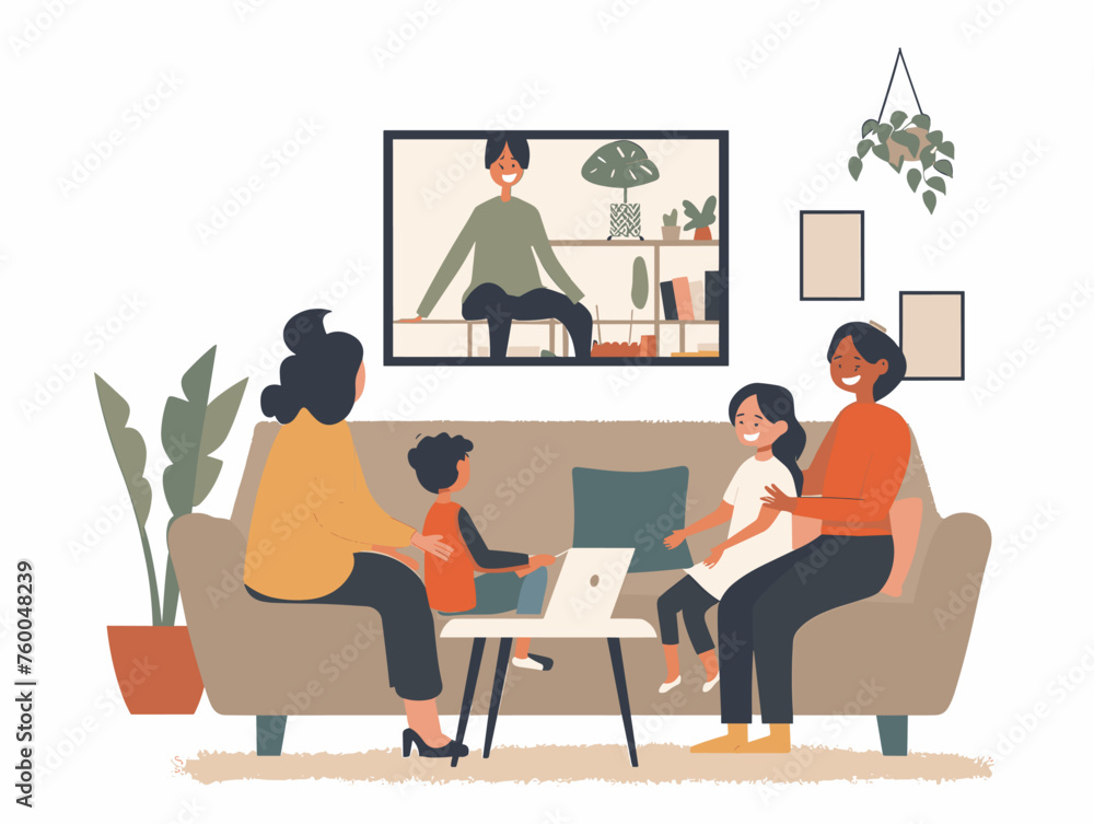 A family gathers around a video call connecting with their mother who lives far away sharing laughter and stories. A family gathers around a video call connecting with their mother who lives far away sharing laughter and stories.