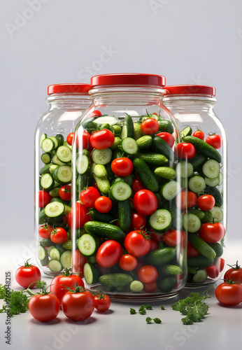 canned or pickled cucumbers and tomatoes in glass jars. preparation for the winter
