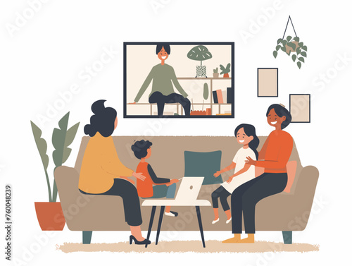  A family gathers around a video call connecting with their mother who lives far away sharing laughter and stories. 