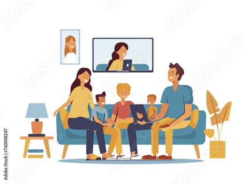  A family gathers around a video call connecting with their mother who lives far away sharing laughter and stories. 