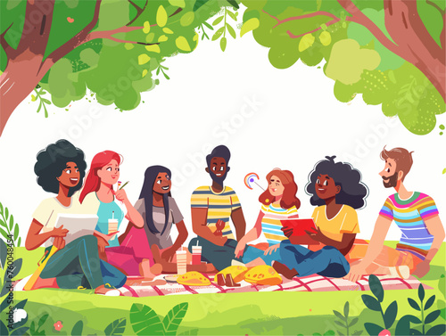  A group of friends adorned in rainbow attire share laughter and stories while picnicking in a park known for its inclusivity. 