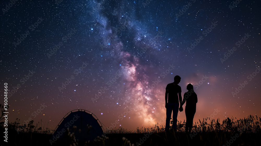 Silhouette of a couple with their arms around each other at a tent site looking at the stars.