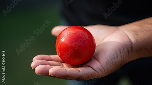 red ball in person hand, cricket.