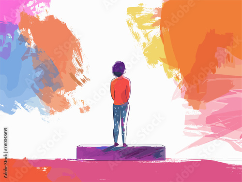  A hesitant individual steps onto the stage ready to embark on a new venture in their public speaking journey. 