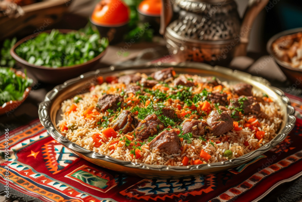 A plate of pilaf with meat and rice on a table. Traditional Middle Eastern Dish