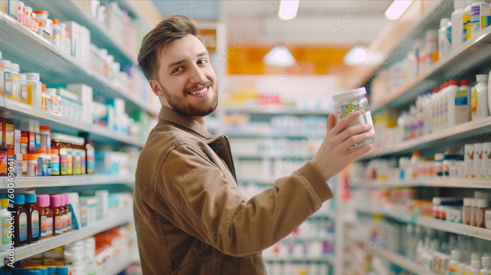 Caucasian male customer picks up pill bottle in pharmacy.