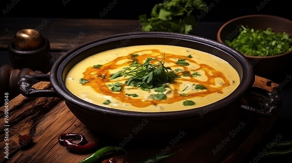 Shahi Chicken Korma White Curry Soup Indian Food Style decoration Carved Chili sideview.


