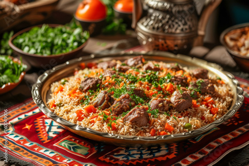 A plate of pilaf with meat and rice on a table. Traditional Middle Eastern Dish