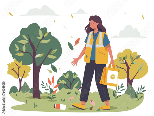  A person wearing a volunteer vest walks through a park picking up litter and promoting environmental responsibility. 