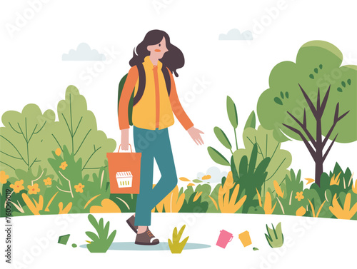  A person wearing a volunteer vest walks through a park picking up litter and promoting environmental responsibility. 