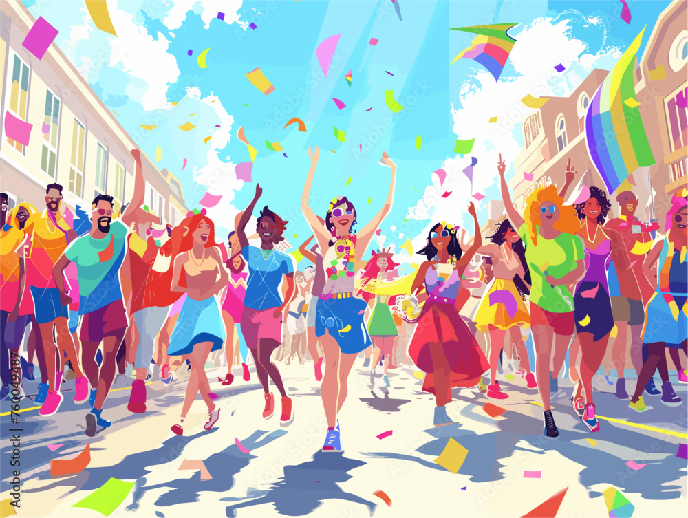  A vibrant parade bursts down the street a kaleidoscope of colors and costumes celebrating the pride of the LGBTQ+ community. 