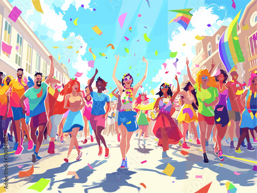  A vibrant parade bursts down the street a kaleidoscope of colors and costumes celebrating the pride of the LGBTQ+ community. 