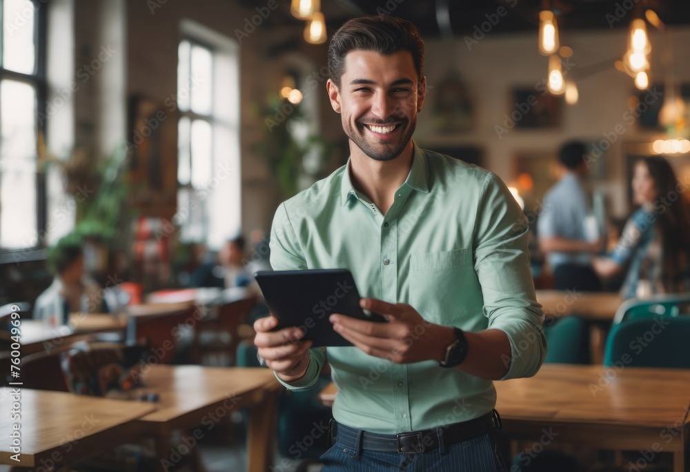 Man in green shirt using a tablet in a collaborative office space. Interactive and connected atmosphere. Man in green shirt using a tablet in a collaborative office space. Interactive and connected atmosphere.