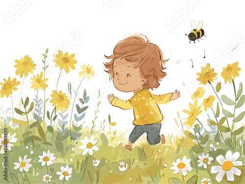  A young child skips through a field of wildflowers giggling as a bumblebee buzzes around a nearby daisy. 