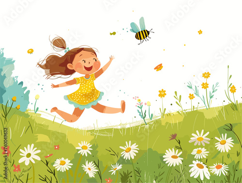  A young child skips through a field of wildflowers giggling as a bumblebee buzzes around a nearby daisy. 