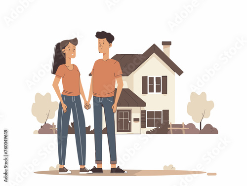  A young couple holds hands and gazes at their newly constructed house excited to build a future together. 