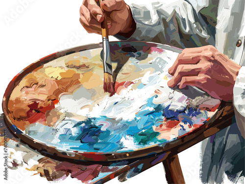  An artist meticulously mixes paints on their palette striving to capture the essence of their subject through countless brushstrokes. 