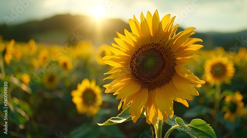 A Sunflower s Close-Up Amidst a Sunflower Field.