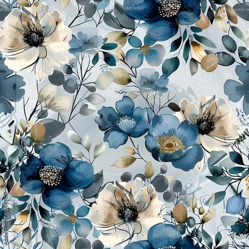 Farmhouse Blooms: Seamless Minimalistic Pattern in Blue, Green, Silver, and Gold