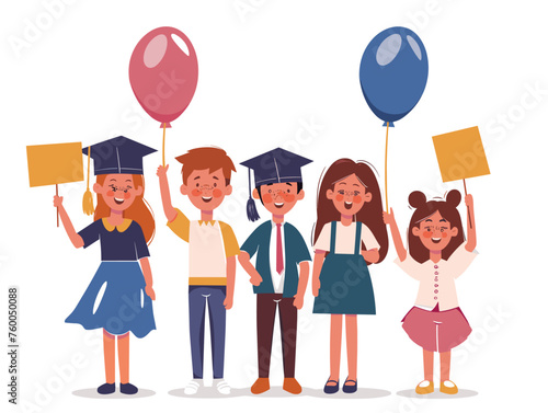  Proud siblings hold up signs and balloons expressing their excitement for their graduate. 