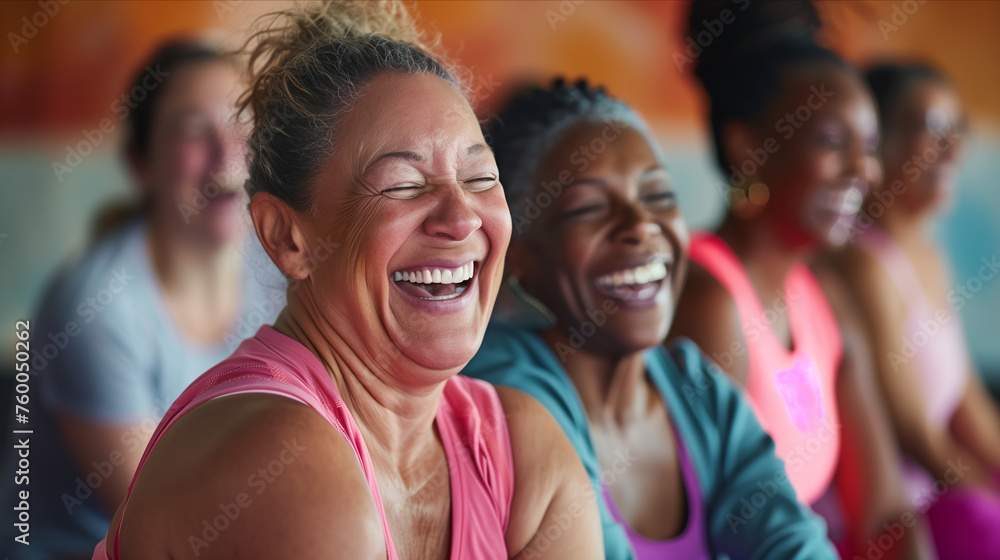 Elderly women laughing and sitting together in yoga studio.