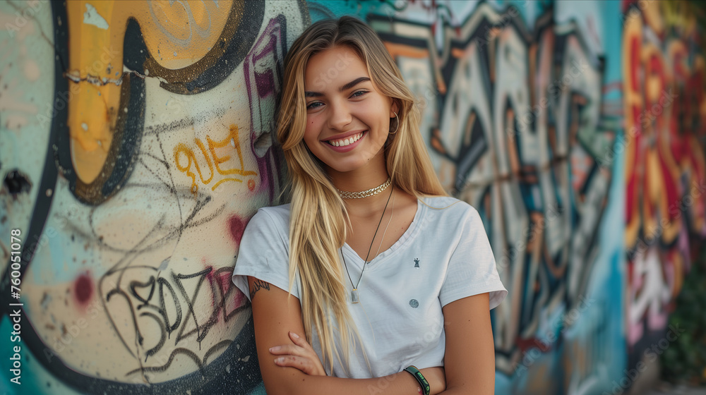 Fototapeta premium Caucasian female artist spray paints wall art, graffiti.