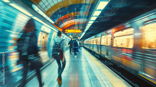 Blurred image of people walking at subway station.