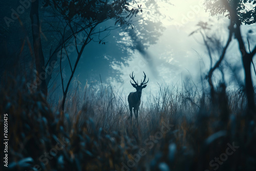 silhouette of a deer in a foggy forest photo