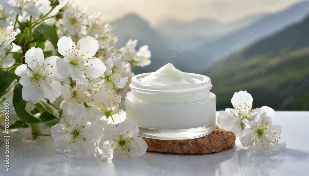  Face cream in an open glass jar and flowers on white background