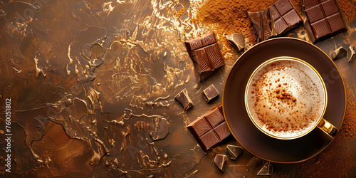 Cup of latte coffee with chocolate pieces and coffee beans on a brown background. Horizontal banner with a cup of coffee and free space for text. Raster bitmap digital illustration.  photo