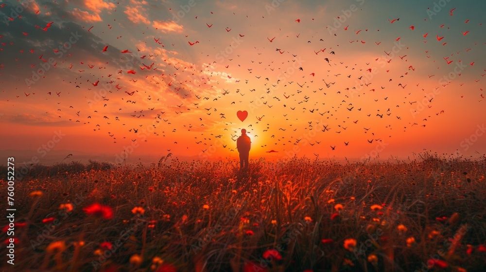 Concept for international human solidarity day: Silhouettes flying in shape of hearts on meadow autumn sunrise landscape background - obrazy, fototapety, plakaty 